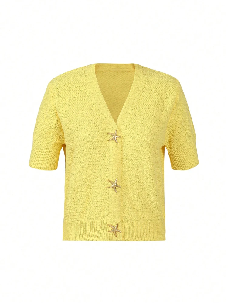 2025 خريف جديد مزاجه قصيرة الأكمام تصميم متماسكة قمة الموضة نجم البحر زر مائة ضرب التخسيس سترة المرأة