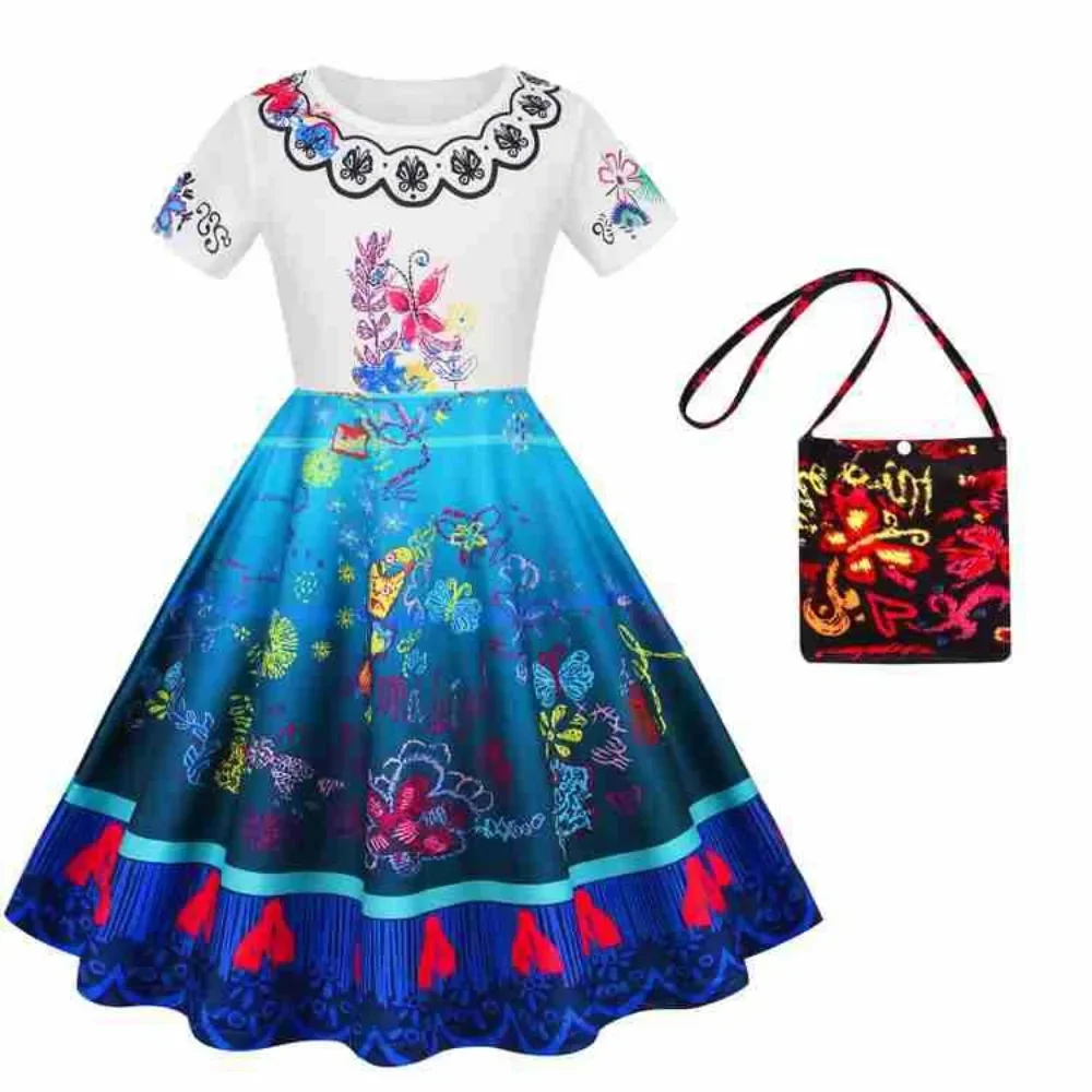 Summer Short Sleeved Girl's Dress with Tassel Patchwork Pleated A-line Dresses Flower Butterfly Print Children's Clothing+Bag