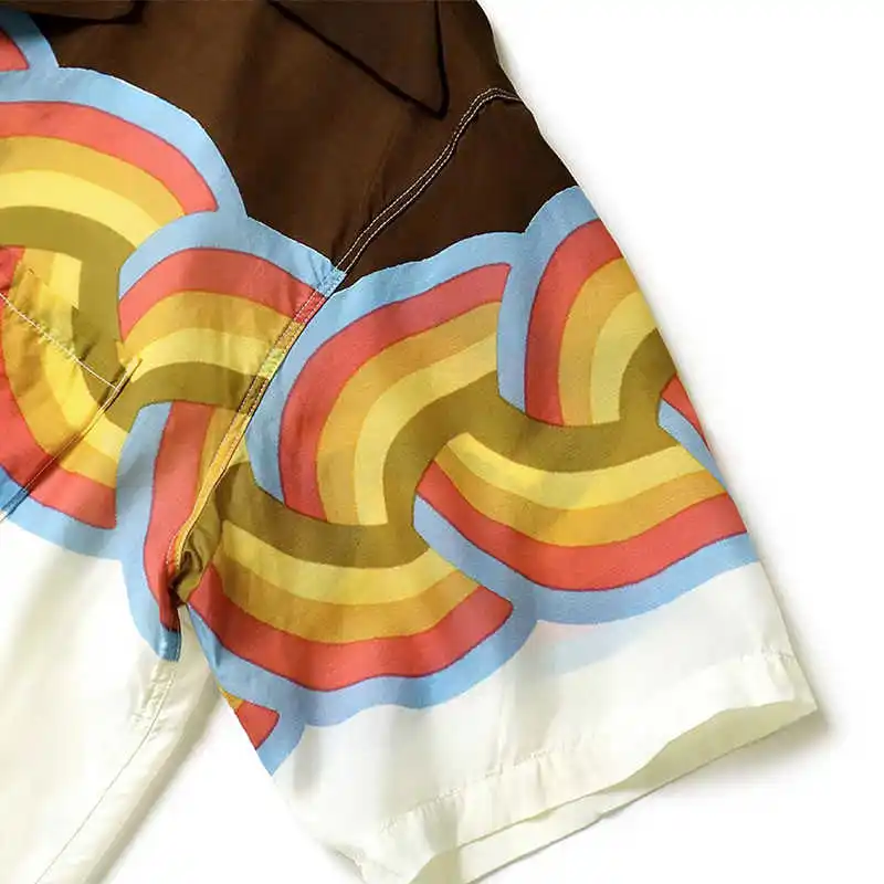 KAPITAL 22SS Japanese Loose Synthetic Silk Rainbow Wave Color Blocked Short Sleeved Shirt with Buttons Men New