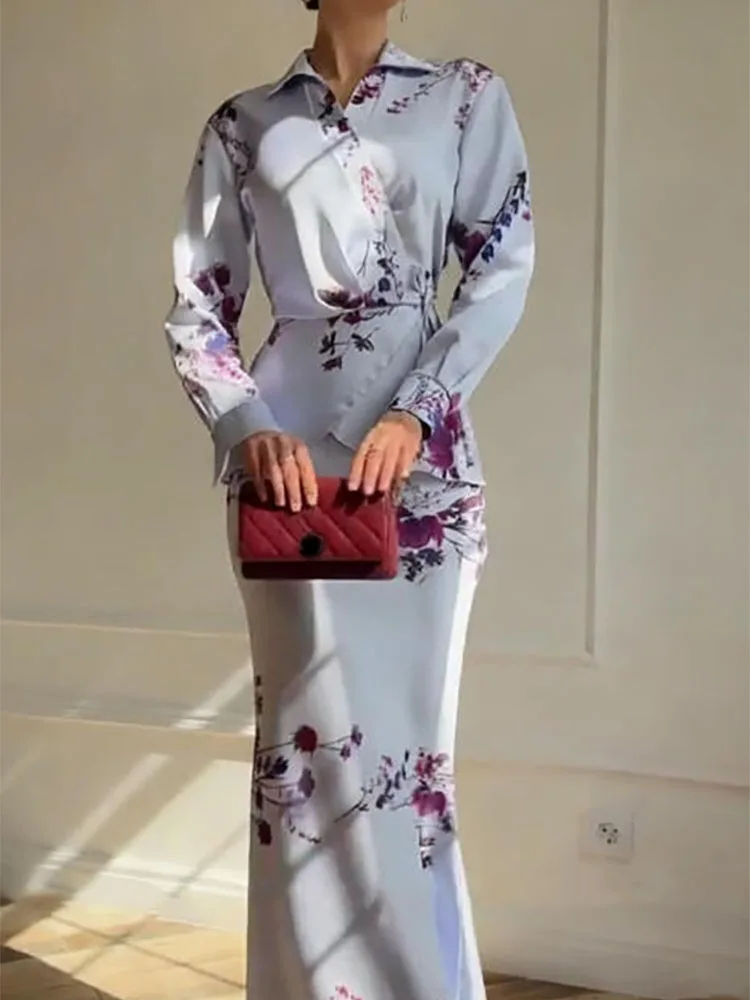 

Ежедневный комплект с нежной юбкой для отдыха, осень 2023, женский комплект с юбкой с длинными рукавами и принтом на шнуровке и воротнике-молнии