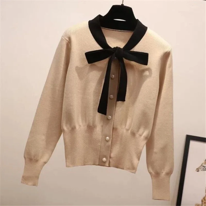 

Elegant Spring Autumn New Bow Patchwork Contrast Loose Sweaters Long Sleeve Fashion Pullovers Top Casual Vintage Women Clothing