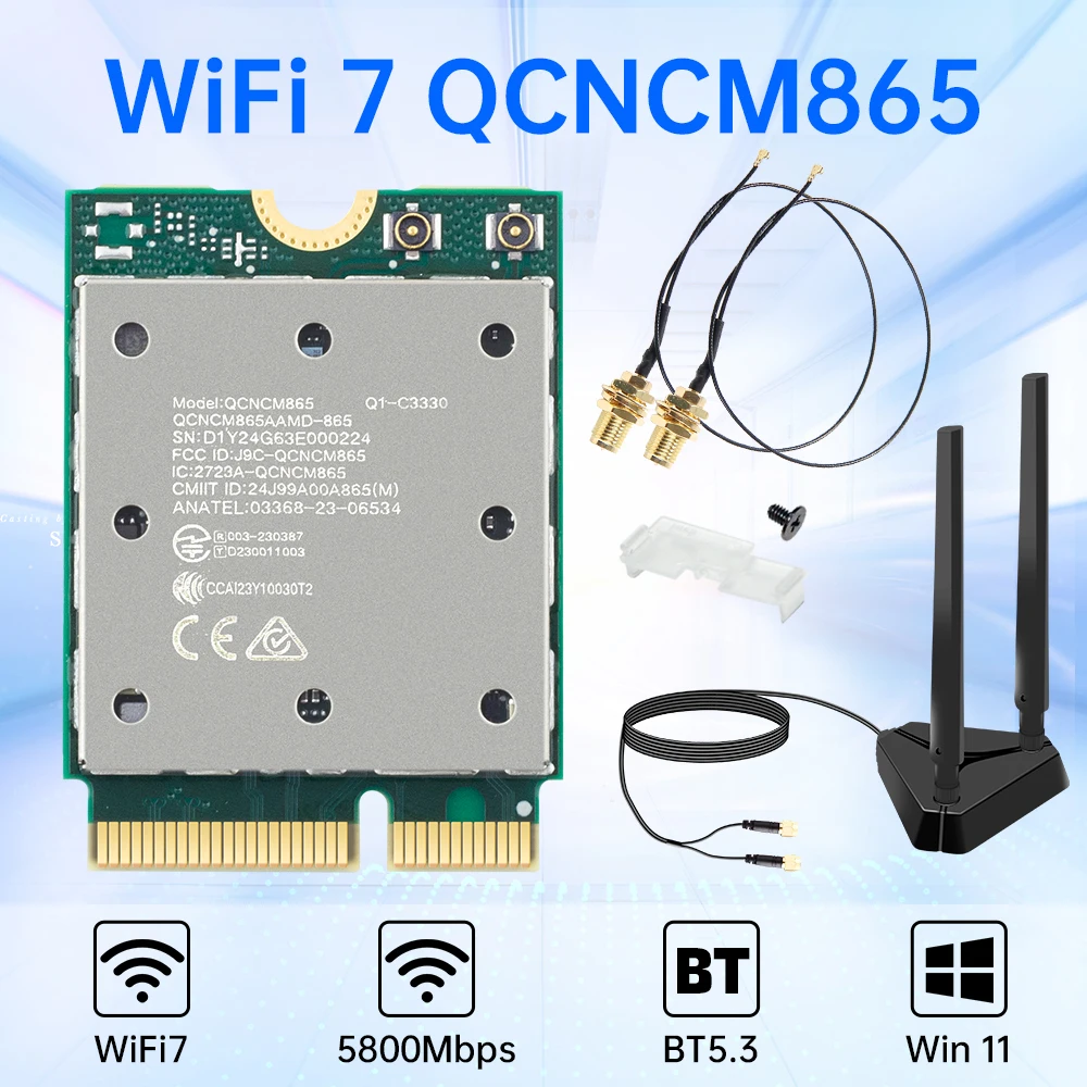 FENVI WiFi 7 QCNCM865 Bluetooth 5.3 Draadloze netwerkkaart Tri-Band 2,4G/5G/6GHz Max tot 5,8 Gbps M.2-sleutel E WiFi-adapter