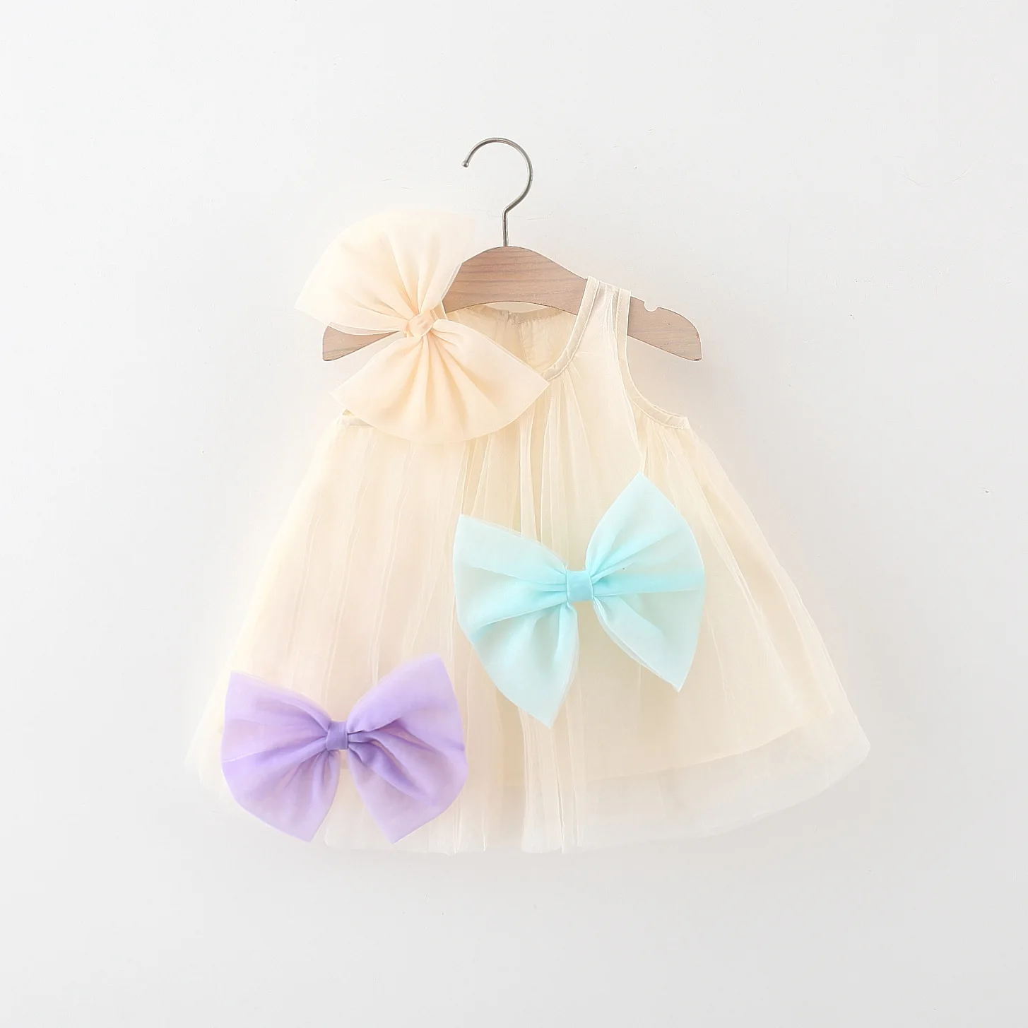 Summer baby girl dress girl\'s three three-dimensional large bow solid color mesh suspender princess dress