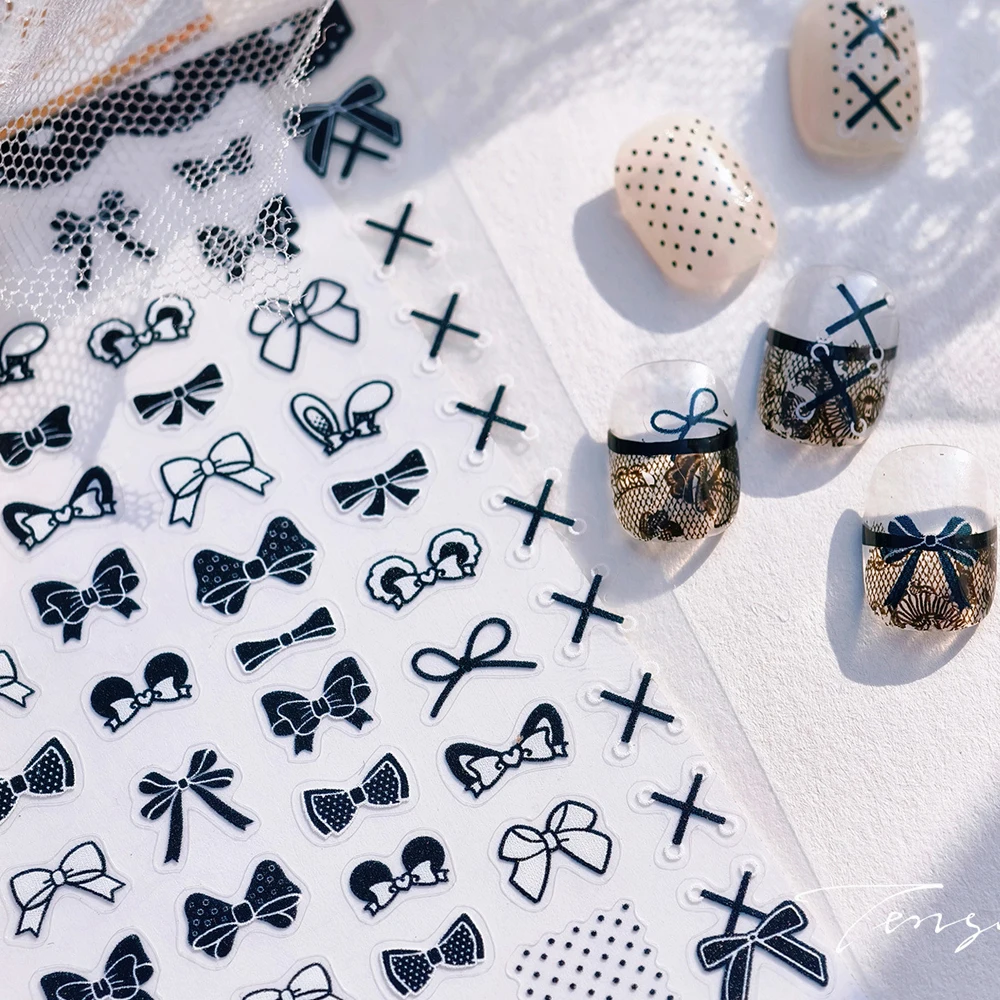 

Kawaii Black White Hair Bowknot 5D Nail Art Sticker Adorable Ribbon Accessory Minimalist Monochrome Patterns Cute Nail Decal