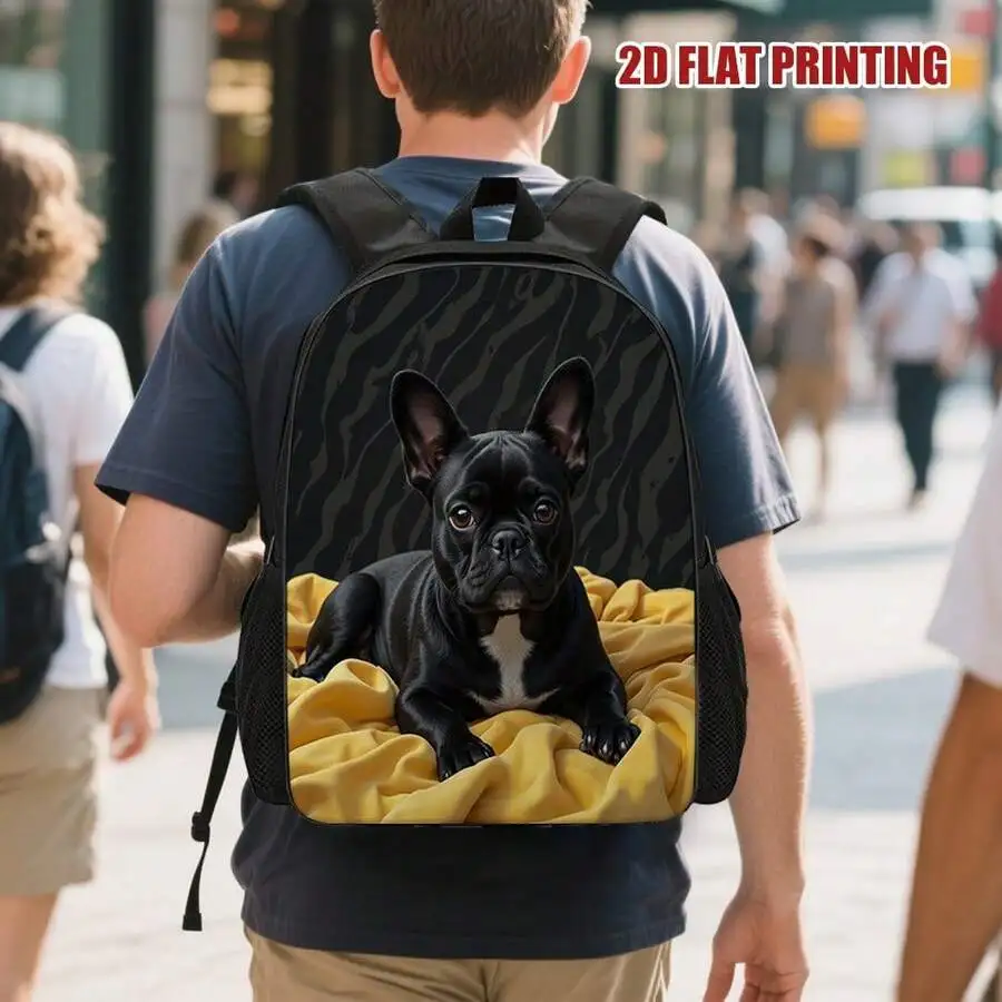 

2D Flat Print French Bulldog Backpack For Adults - Polyester School Travel Bag With Detachable Straps