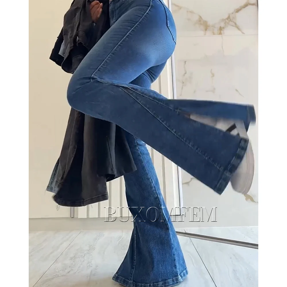 Stylish Flared Split Mop Jeans High Quality Straight Leg Wrap Hips Casual Daily Trousers Unique Retro Soild Classic Blue Pants