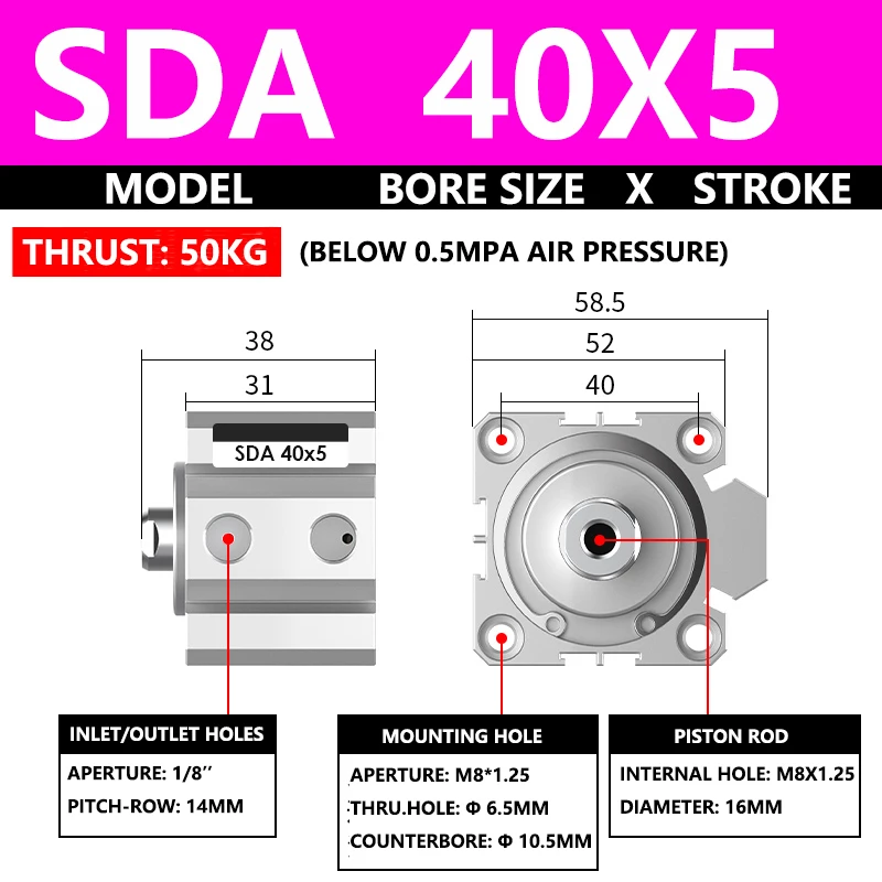 ABILKEEN SDA40X5 SDA Series Thin Air Cylinder 40MM Female Thread Bore X 5MM Stroke Double Acting Pneumatic Compact Cylinder