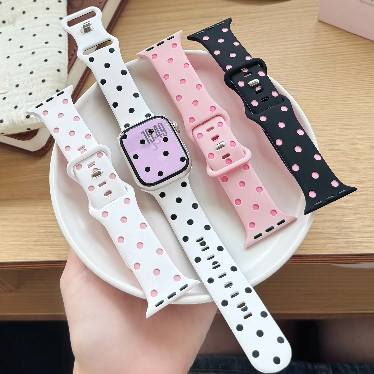 Classic Wave Dot Double-Colored Silicone Strap for Apple Watch Series 38-49mm, Sweet Style Sport Band Compatible with iWatch 11