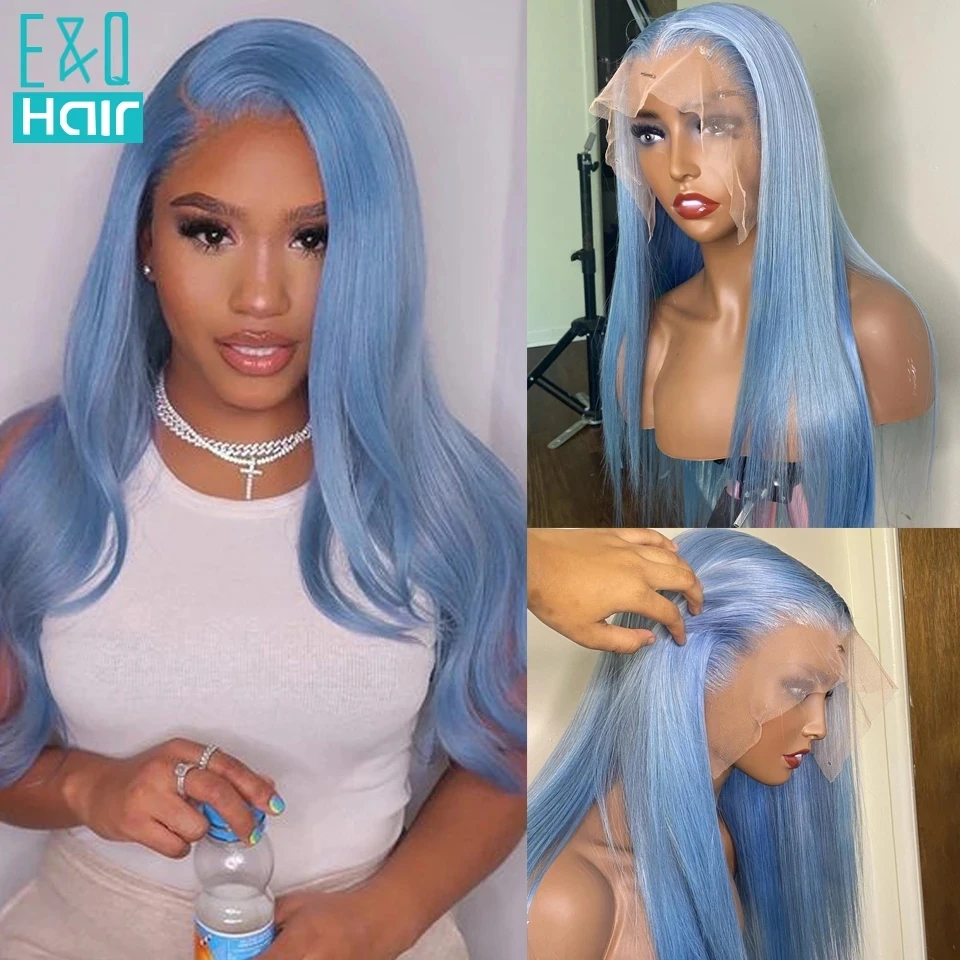 

13x4 Light Blue Colored Lace Front Wig Human Hair Straight Lace Frontal Wig Transparent Lace Brazilian Remy Hair 180% PrePlucked