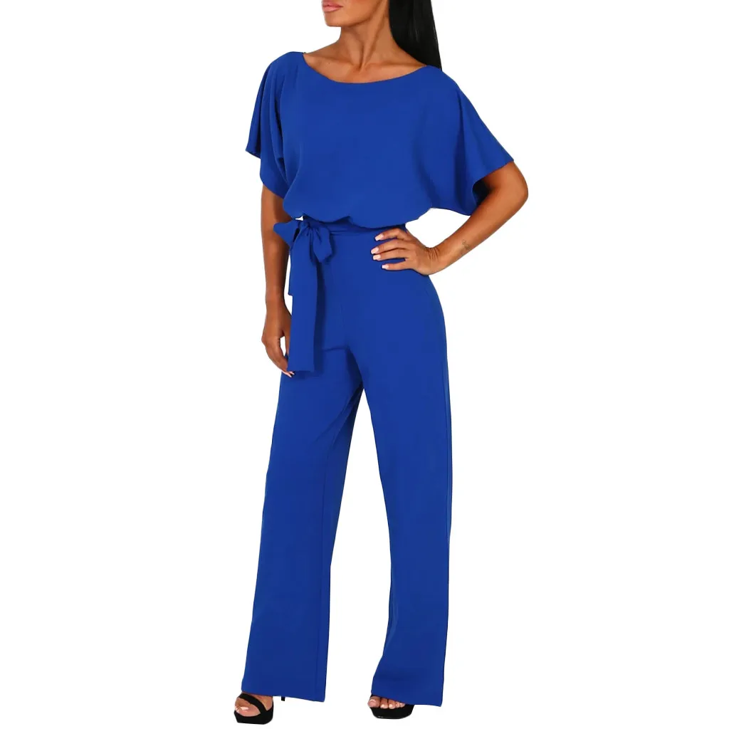 2024 Zomer Jumpsuit Vrouwen Nieuwe Hoge Taille Veters Elegante One Pieces Chique Kantoor Korte Mouwen Effen Straight Leg Romper