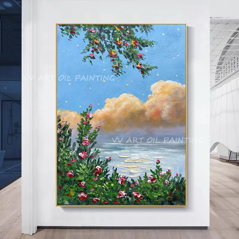 

Sea lake blue artwork 100% handmade Textrued oil Painting Home for Living Room Abstract Scandinavian Wall Art