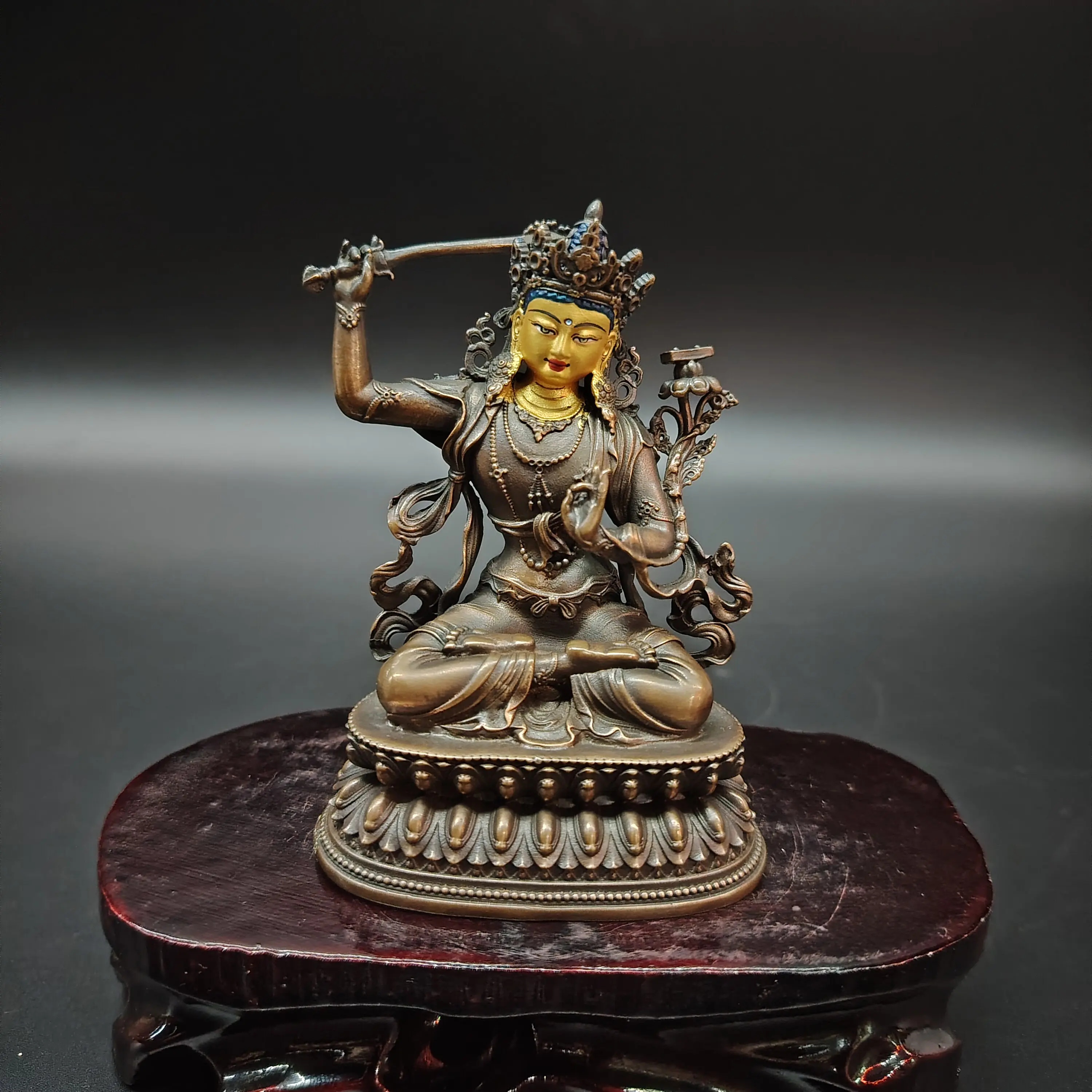 Antique Copper Painted Face Two-Arm Manjushri with Wisdom Sword Statue 10cm Home Desktop Altar Blessing