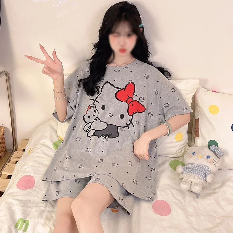 

Sanrio Hello Kitty Cotton Pajamas for Women Shorts Short Sleeve Sleepwear Kawaii Cartoon Pyjamas Student Pijama Summer Home Suit