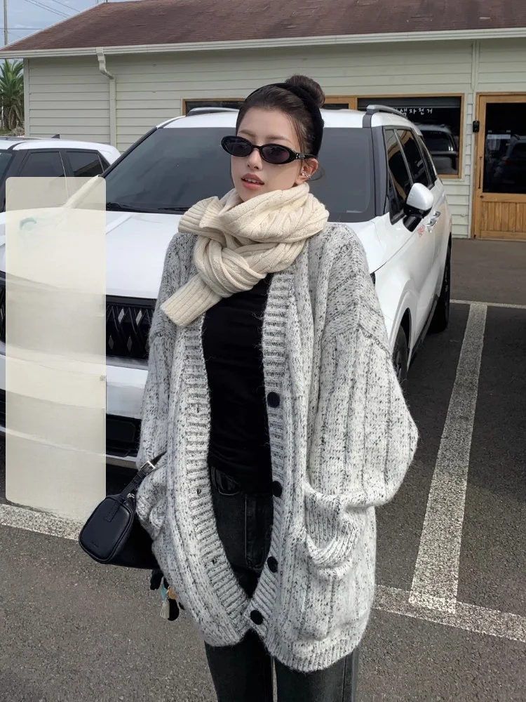 

Вязаный кардиган EKOOL в корейском стиле с V-образным вырезом, утепленный, женский, осенне-зимний, свободный, универсальный, на пуговицах