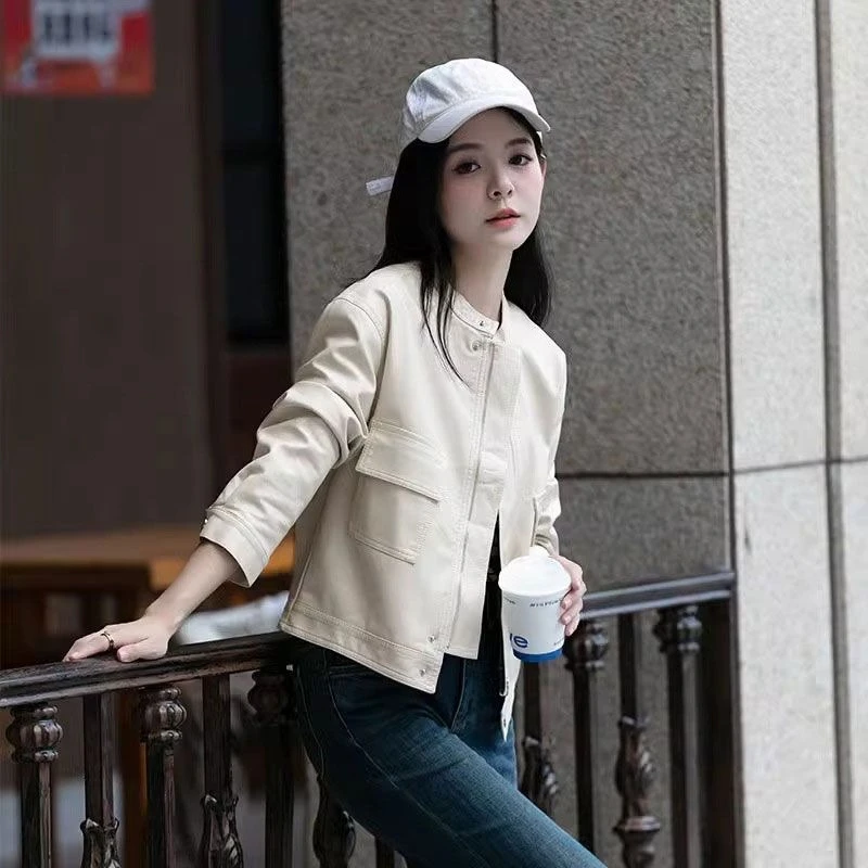 

White Leather Jacket 2025 Spring Locomotive New Stand-up Collar Short Loose Versatile Small Jacket Spring and Autumn Comfortable