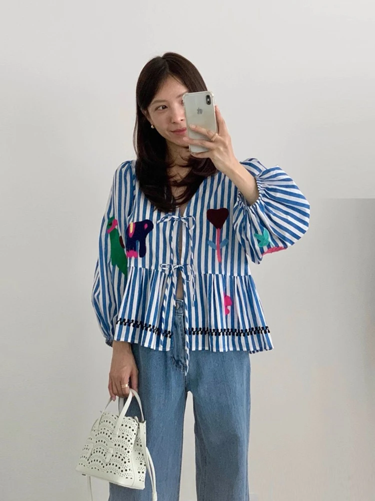 Csa de Mujer Liangliang, Linda, Antienvejecimiento, con Bordado Intenso, Estampado a Rayas, Estilo Vintage, con Cinturón, ...