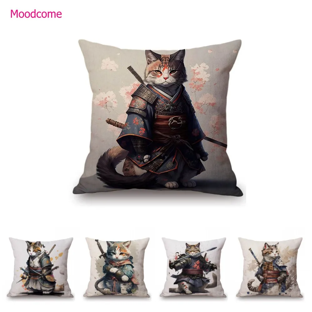 Funny Cute Cat Samurai Catoon Home Decorative Sofa Throw Pillow Case Cotton Linen Car Chair Cushion Cover