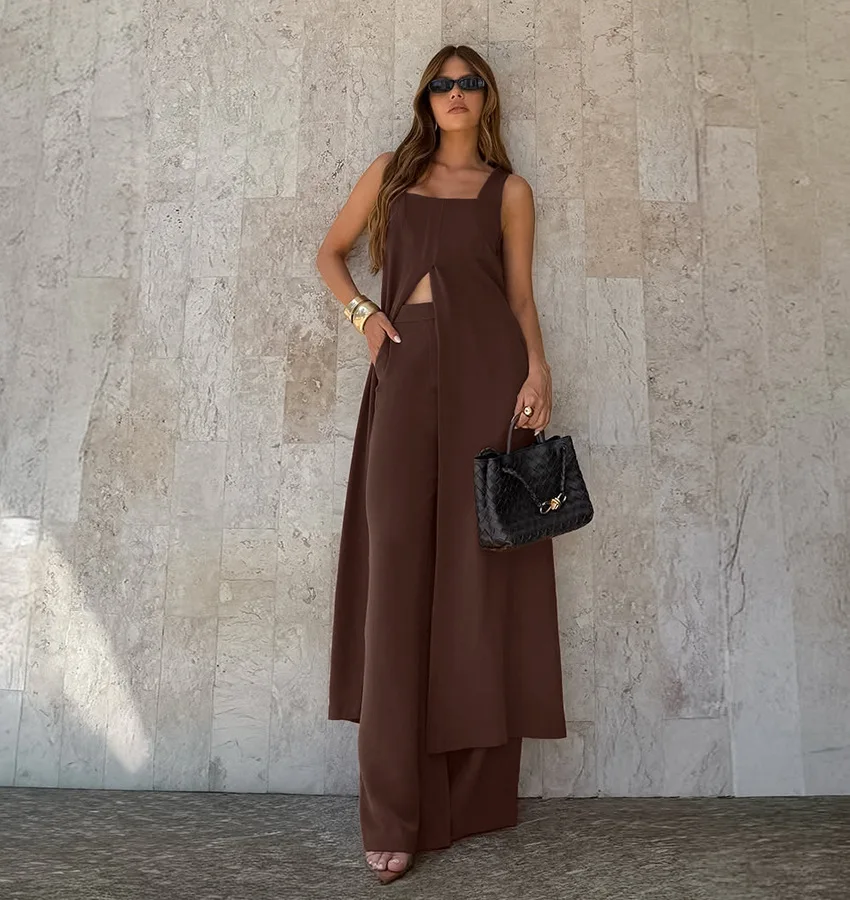 

Spring Casual Long Pants Suit Women Sleeveless Long Slit Camisole Vest+high Waist Wide-leg Pants Autumn Female Two Piece Set