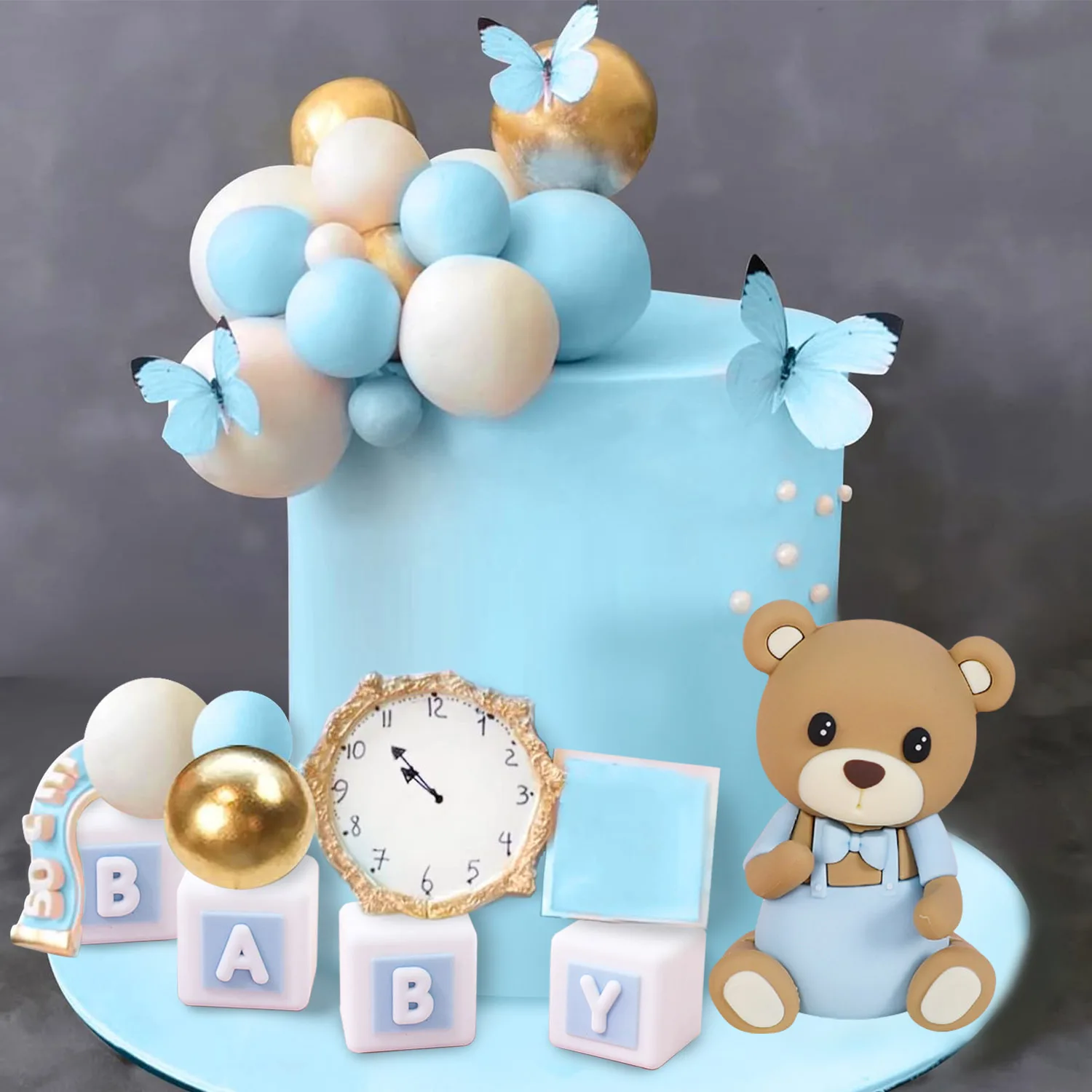 14Pcs Bear Cake Toppers Mini Bear  Gold Blue White Pearl Ball For Baby Shower Boy Birthday Party Teddy Bear Theme Party Supplies