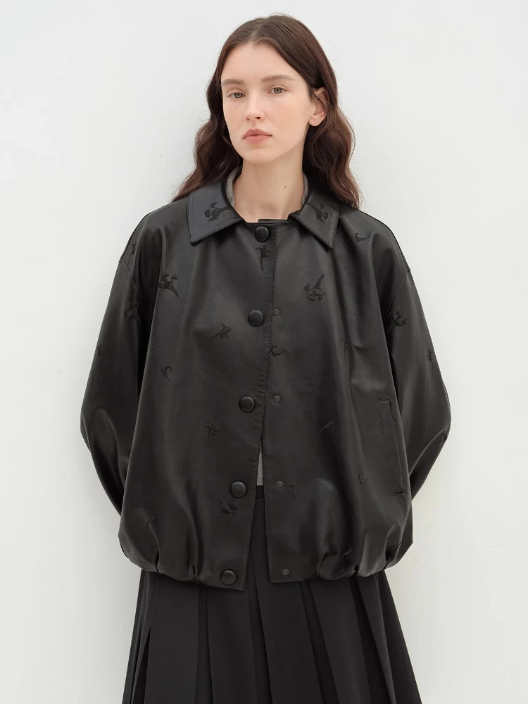 Vintage Short Genuine Leather Embroidery Jackets for Women Spring Autumn High-end Solid Simple Oil Wax Soft Real Sheepskin Coat
