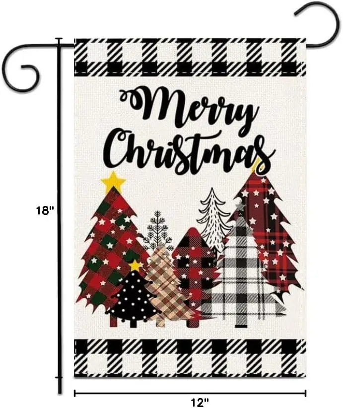 Merry Christmas Tree Black Red and White Checkered Border Garden Flag 12x18 inches, Home Outdoor Garden Christmas Garden Fla zzo