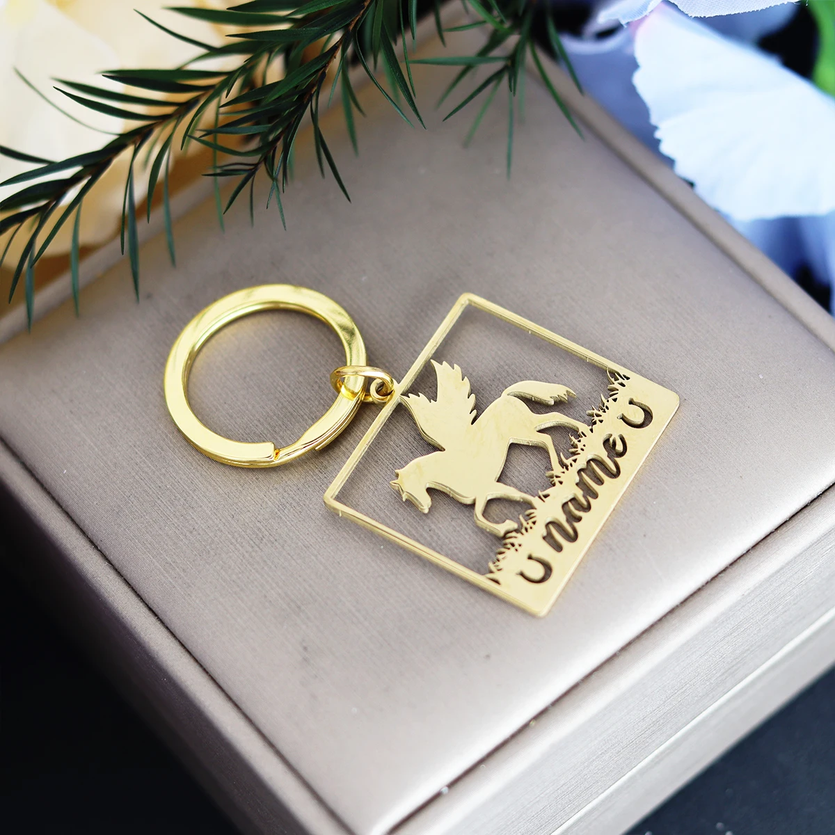 QIAMNI Customized Name Cute Horse Angel Wings Keychain Stainless Steel Metal Car Key Chains Engraved Nameplate Bag Keyrings Gift view 4