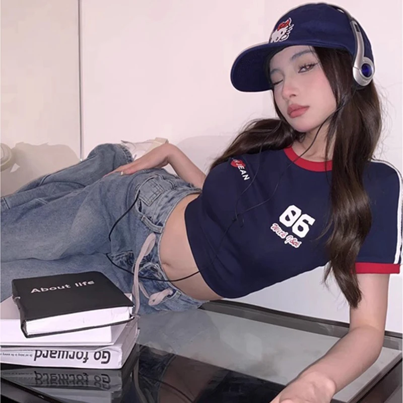 Summer T-shirt Women Aesthetic 90\'s Crop Tops Casual Grunge Vintage Women Letter Print Casual Short Sleeve T-Shirt Y2k Clothes