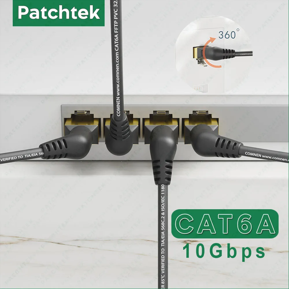 Patchtek-Ethernet Slim Patch Cord, Cabo RJ45 para PC, Roteador PS5, Rotação 360, 90 Graus, Cat6A, Lan10G, 0.15m-5m