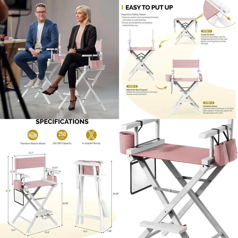 

Portable Folding Director's Chair with Storage and Footrest, 250lb Capacity, Striped Pink Canvas for Salons and Events