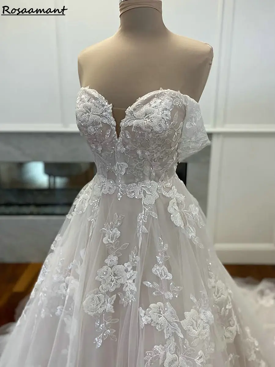 Luxury Floral Appliques Lace A-Line Wedding Dresses Off The Shoulder Country Bridal Gowns