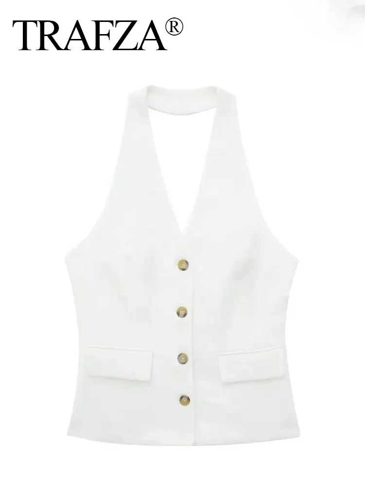 TRAFZA Summer Women Elegant White Cropped Vest Halter Single Breasted Sleeveless Blazer Vest Top Woman Casual Office Wear Vests