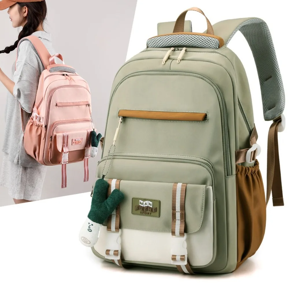 

Fashion Nylon Large Student School Bag Capacity With Cute Pendants Backpack Waterproof Leisure Schoolbag Women Men
