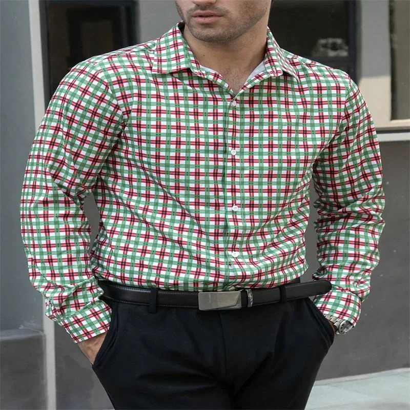 European and American luxury men's lapel button front open long sleeve plaid casual shirt festival, holiday shirt