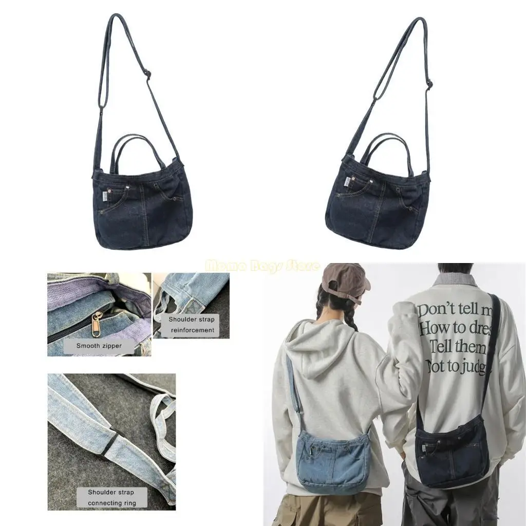 

X90D Practical Washed Jeans Shoulder Bag With Multi Pocket Designs Adjustable Strap For Everyday Use And Casual Travel