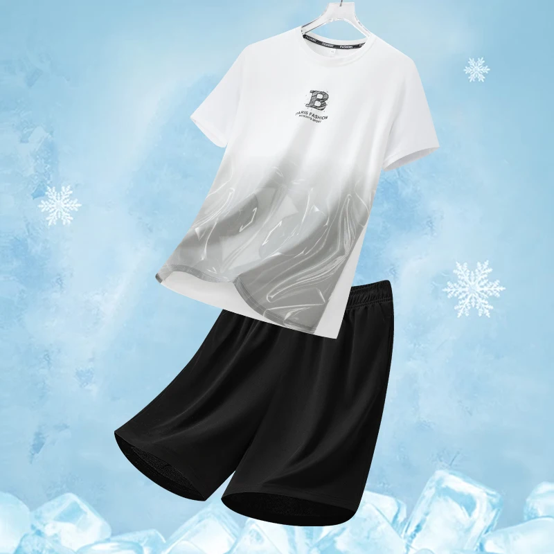 

Men's Casual Sport Ice Silk Sets Printed T Shirt Jogger Shorts Outdoor Jogging Sports Basketball Training Fitness 2 Piece Suit