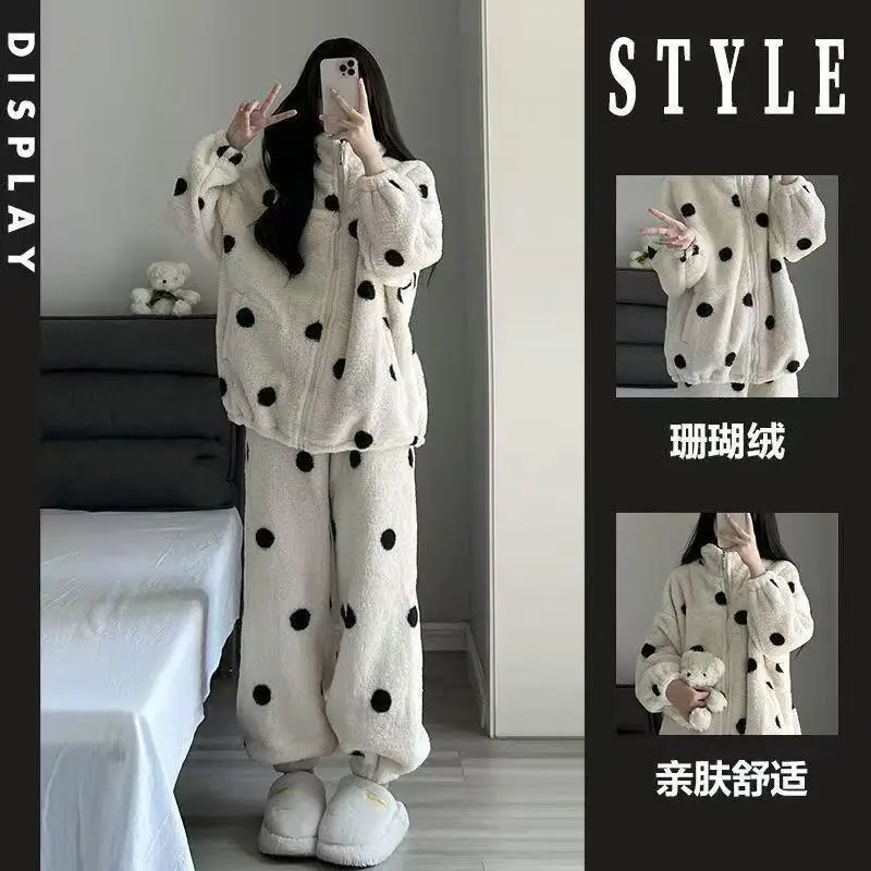 

Polka Dot Pj Set New Girl Winter Pajamas Wearable As Outerwear Half-Pile Keep Warm Flannel Thicken Sleepwear Suit Woman Homewear