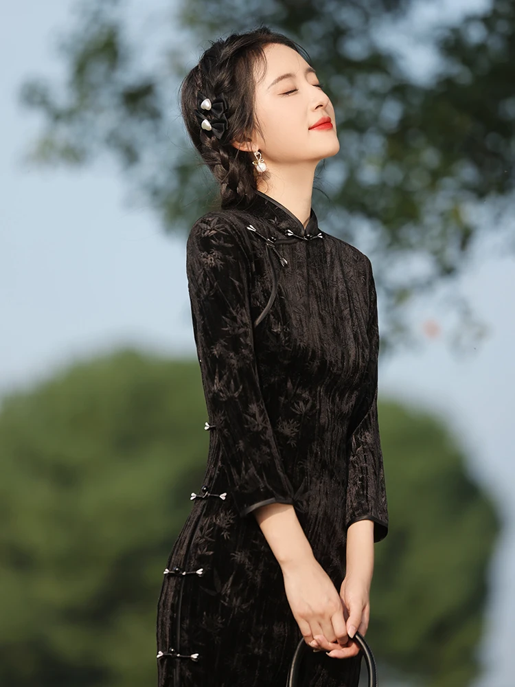 

Винтажное бархатное ципао Ele для молодых женщин: новая осенне-зимняя коллекция, классический китайский стиль