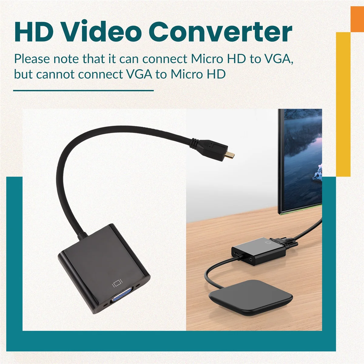 Micro- to VGA Adapter Cable 1080P Video Converter with Audio Jack USB Power Cable for Camera 4