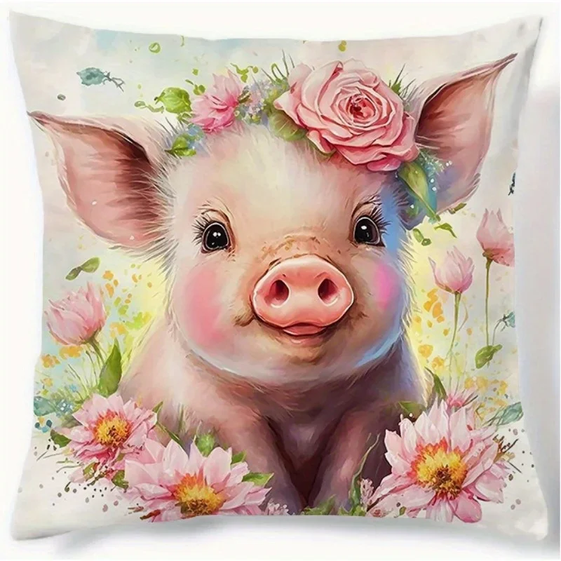 Easter Cute Pig Pattern Square Polyester Cushion Cover Sofa Cushion Cover, Living Room Throw Pillow Cover (No Pillow Core)