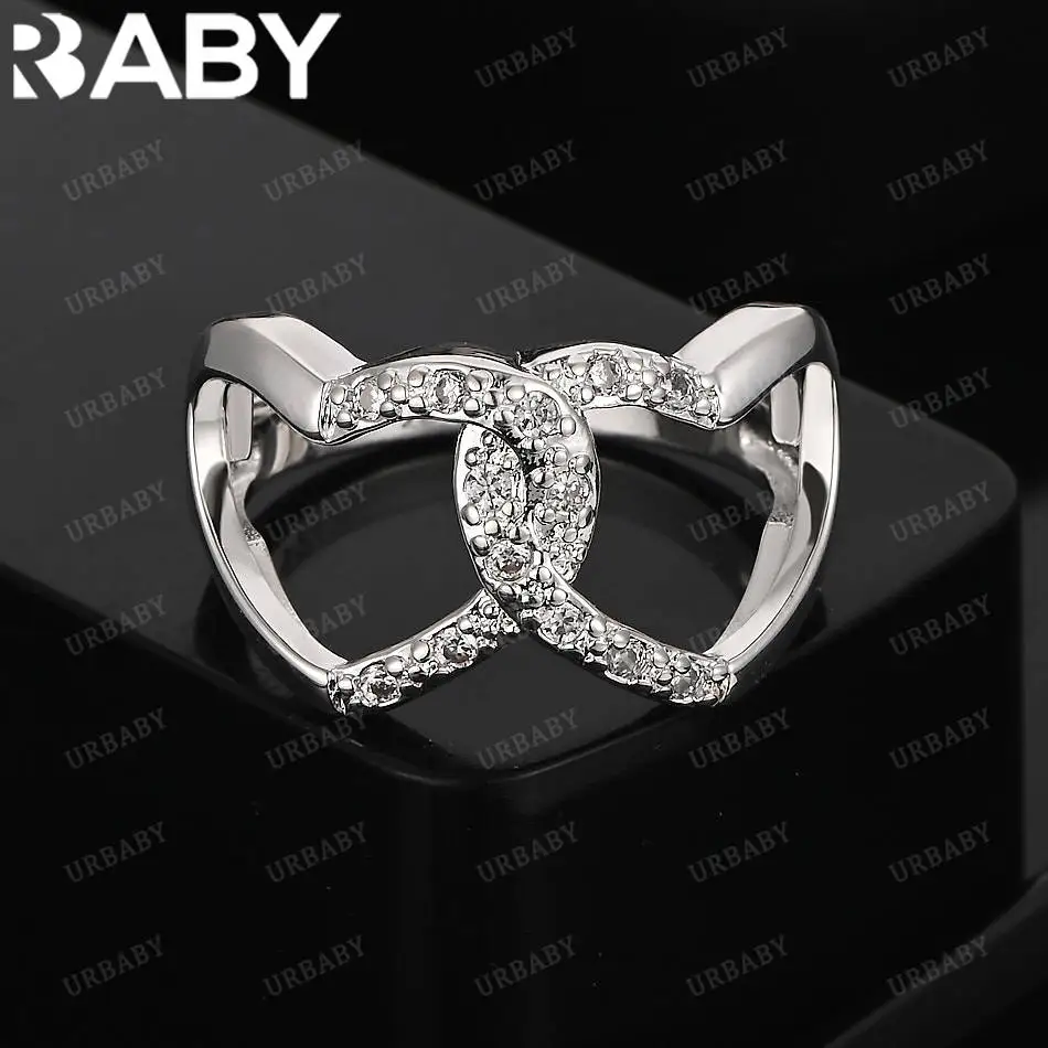 

URBABY 925 Sterling Silver Zircon Double Heart Interlocking Wedding Ring For Women Grace Jewelry Trend Fashionable Birthday