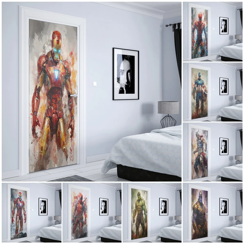 Disney Watercolor graffiti Marvel Super hero Spider man iron man Door sticker wall door decoration Home decor Wall Sticker HD