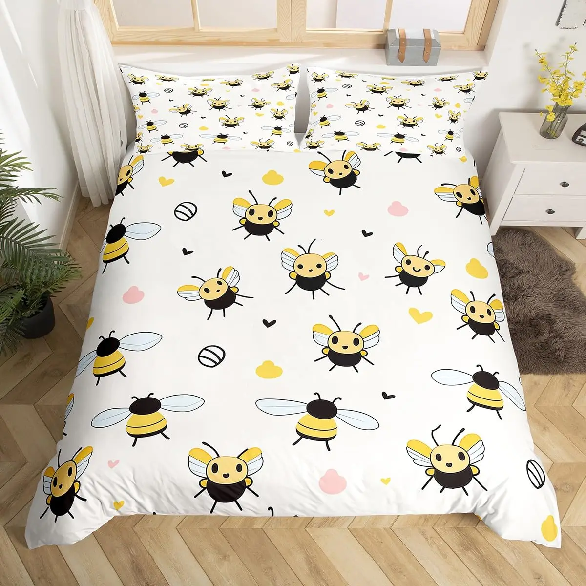 Cartoon Bee Floral Duvet Cover Honeycomb Bee Bedding Set Sweet Honey Animal Polyester Comforter Cover Spring Flowers Quilt Cover