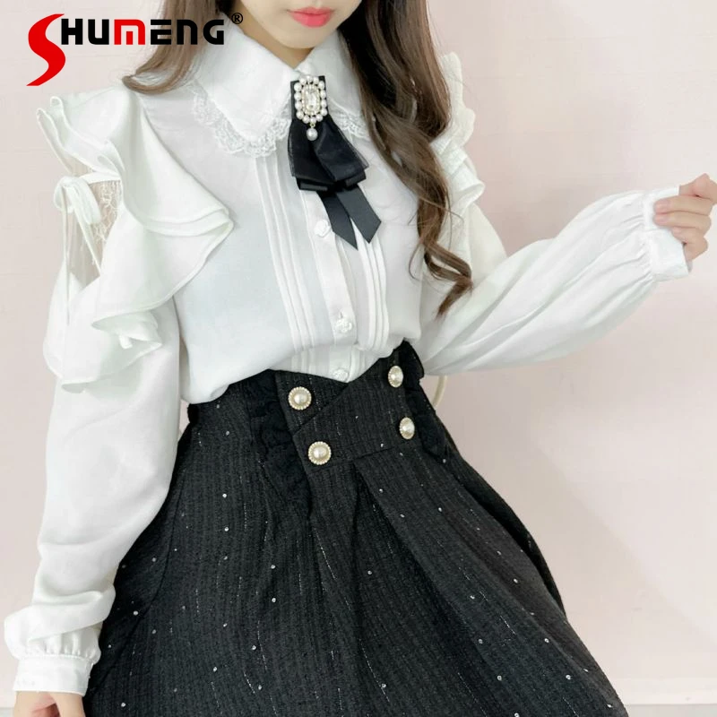 

Japanese Rojita New Style Blusas De Mujer Bow Brooch Lace Patchwork Lace Up Small Fly Sleeve Mine Series Production Shirt Top