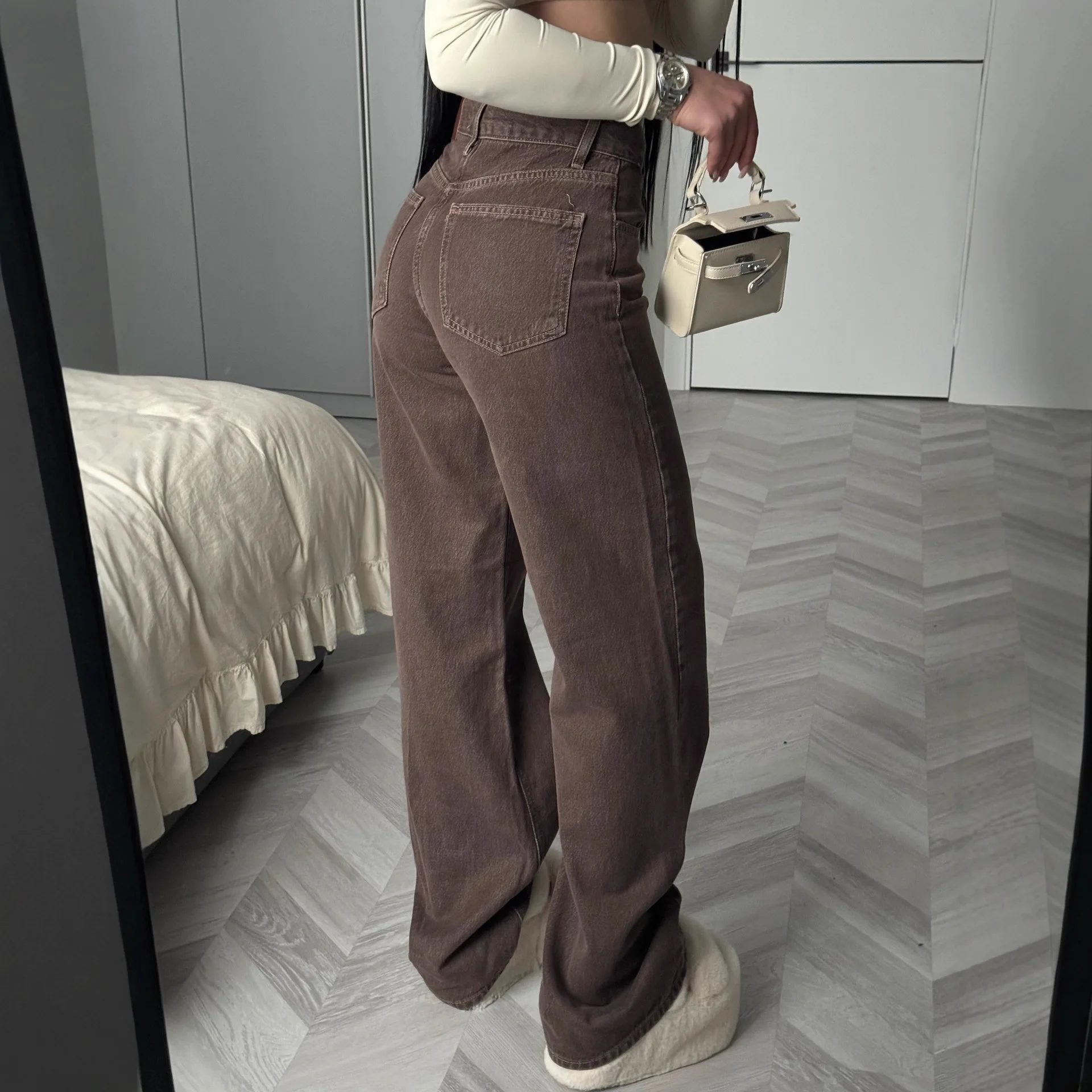 Brown Versatile Wide Leg Jeans Women Spring Autumn New High Waist Slimming Petite Loose Drapey Straight Floor Length Pants