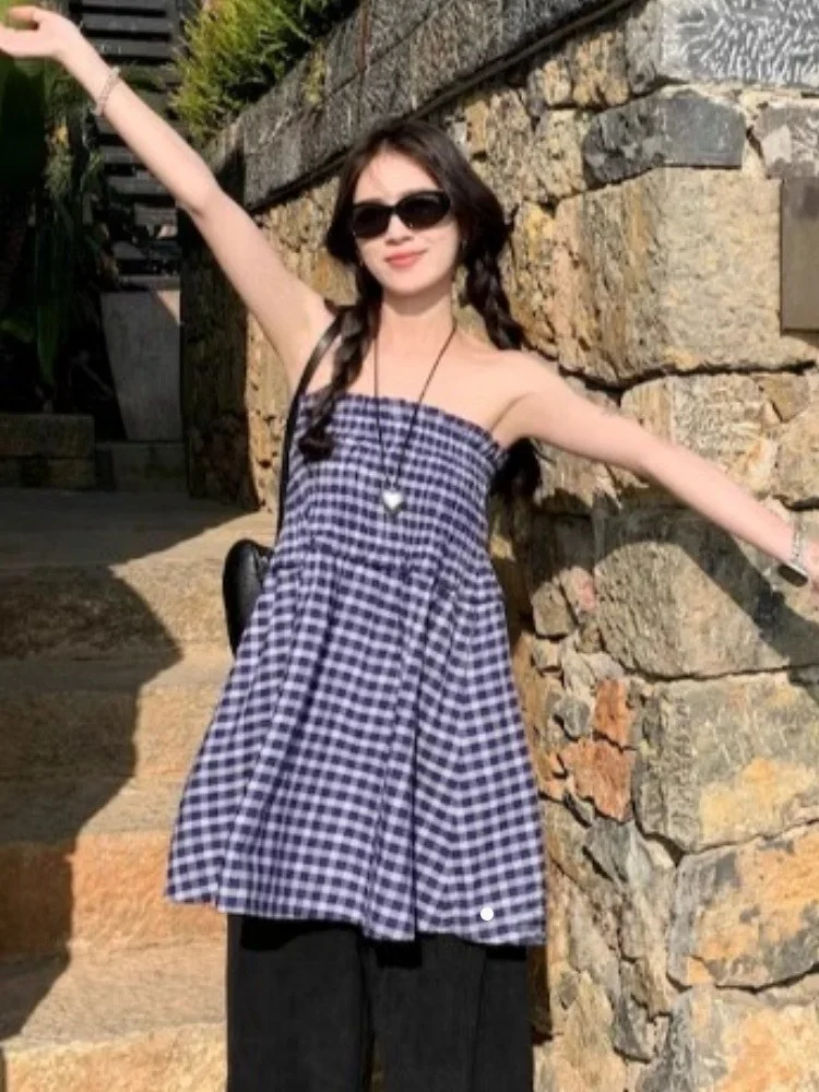 

Blue Plaid Two-Way Wear Women's Autumn Winter Midi Skirt A-Line Umbrella Skirt Tube Top Vest Sle French Country Girl