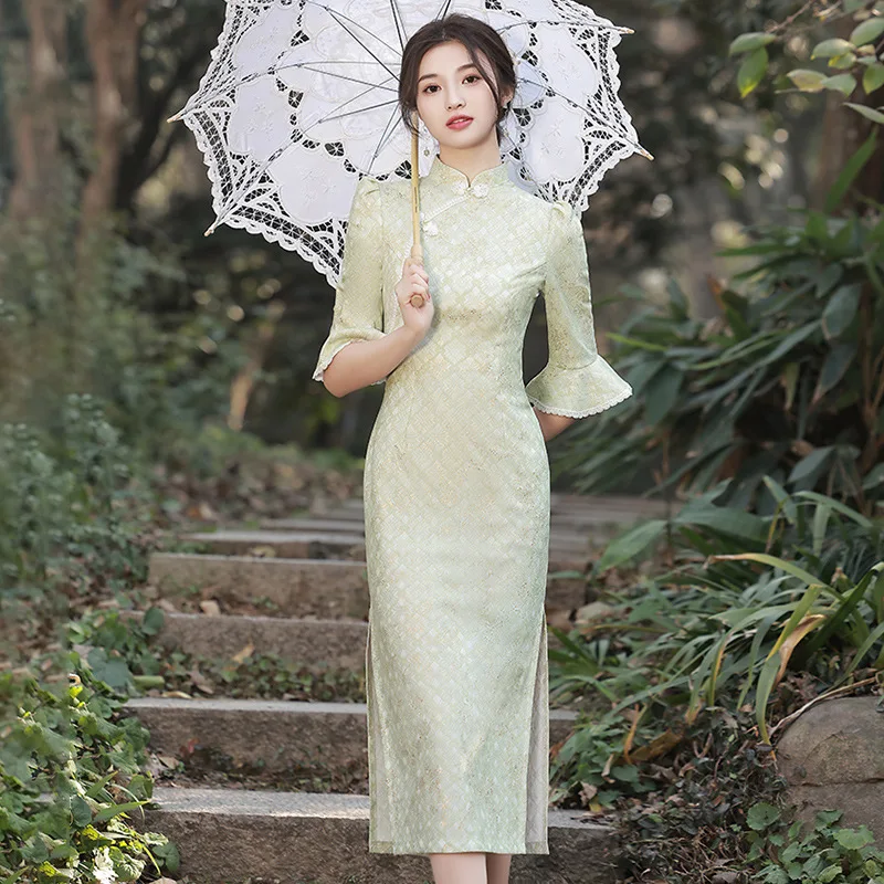 Light Green Lace Patchwork Cheongsam Vintage Half Sleeve Chinese Traditional Dress Slim Female Women Long Qipao S To 3XL