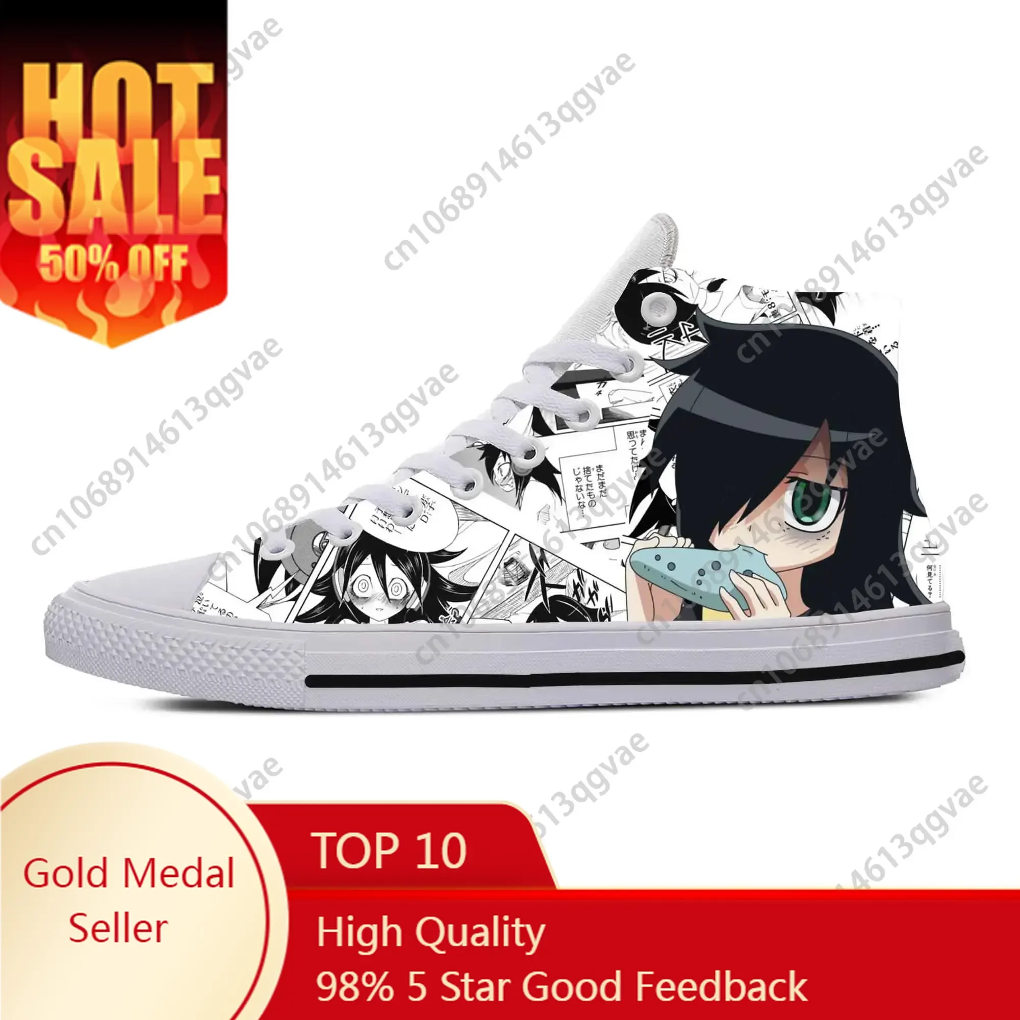 

Watamote Kuroki Tomoko Japanese Anime Manga Comic High Top Sneakers Mens Womens Teenager Canvas Sneaker Couple Custom Shoe