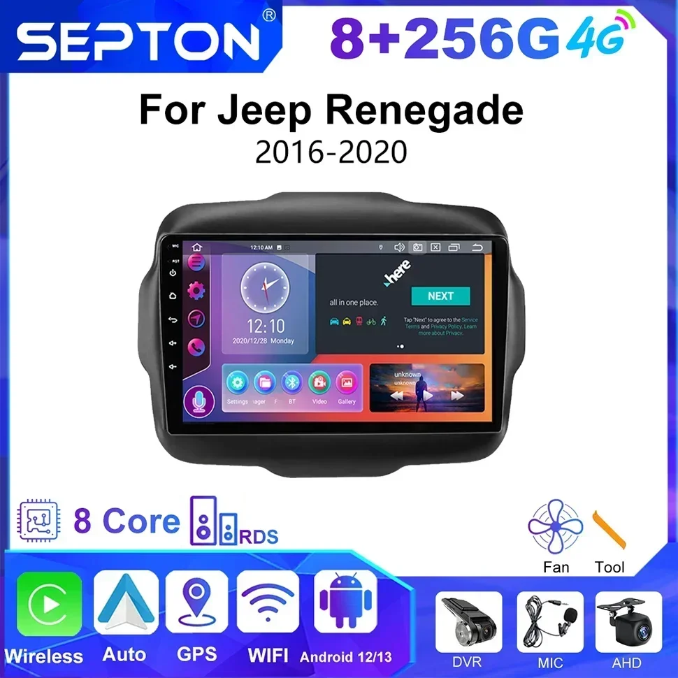 

Автомобильный радиоплеер SEPTON для Jeep Renegade 2016-2020, 8-ядерный мультимедийный плеер CarPlay Android Auto Navi, стерео GPS, 2Din, головное устройство
