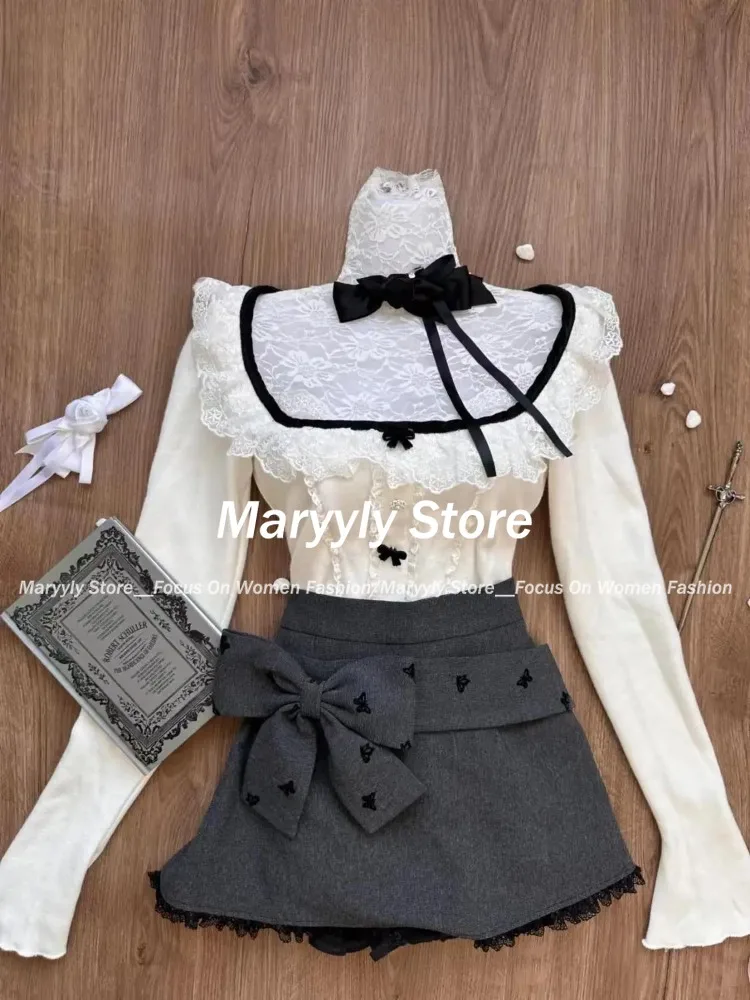 2024 New Japanese Vintage 3-częściowy zestaw damski Casual Square Collar Blouse + Lace Patchwork Print Vest + Y2k Bow Mini Skirts Female