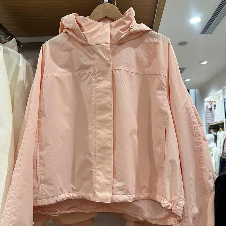 2025 Spring New Women's Windproof Stand Collar Cocoon Jacket with Hood Short Overcoat Simple and Versatile Solid Color Jack